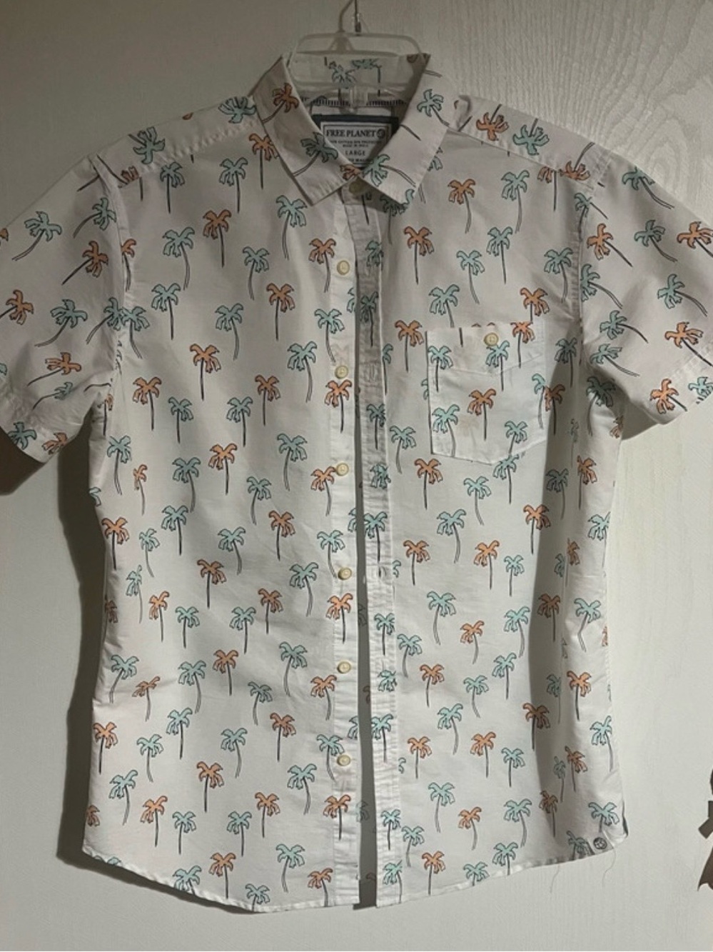 Free Planet White Short-Sleeve Button-Up Shirt with Teal and Orange Palm Print